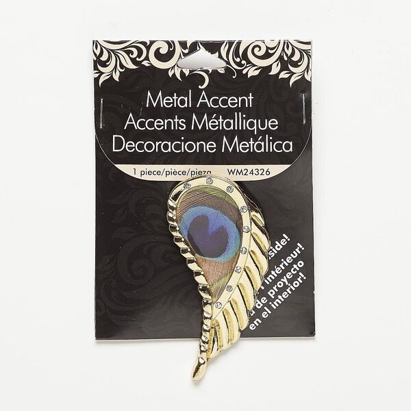 Focal, resin / glass rhinestone / gold-finished "pewter" (zinc-based alloy), multicolored, 63x32mm feather with peacock feather design. Sold individually. image number 0