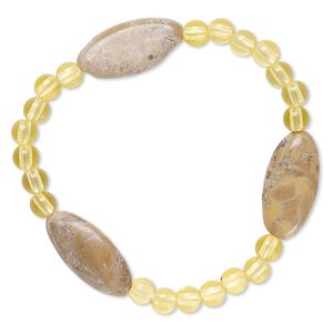 Bracelet, stretch, brown feldspar (natural) and acrylic, yellow, 5mm round and 24x12mm-25x12mm flat marquise, 6-1/2 inches. Sold individually.