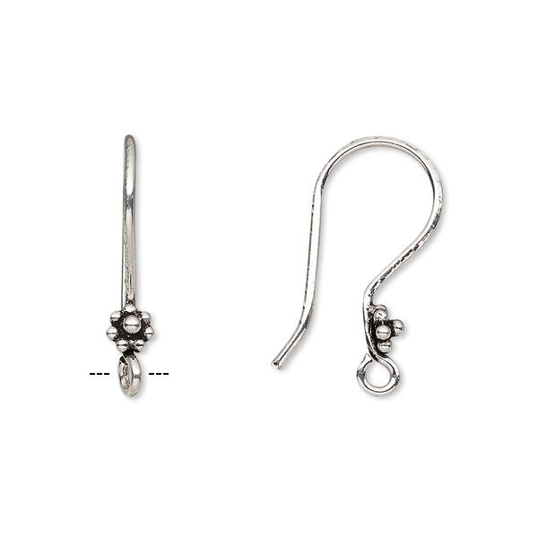 Ear wire, antiqued sterling silver, 21mm fishhook with beaded flower and open loop, 18-20 gauge. Sold per pkg of 3 pairs. image number 0