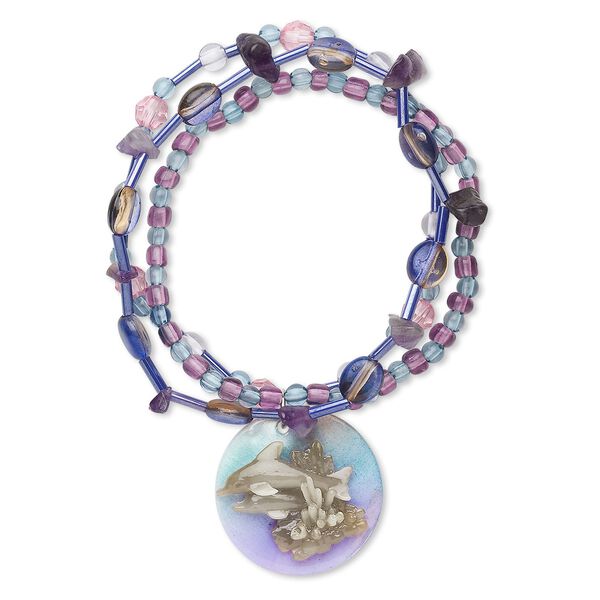 Bracelet, 3-strand stretch, mussel shell (coated) / amethyst (natural) / acrylic, purple and multicolored, 30mm round with painted dolphin design, 6-1/2 inches. Sold individually. image number 0