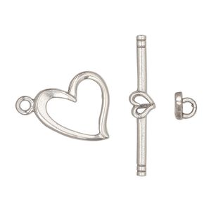 Clasp toggle 1pkg1 sterling silver, 17x15mm heart, 1-strand