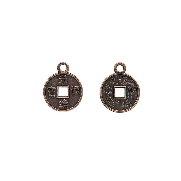 Charm, antique copper-plated "pewter" (zinc-based alloy), 10mm Chinese coin replica. Sold per pkg of 50. image number 0