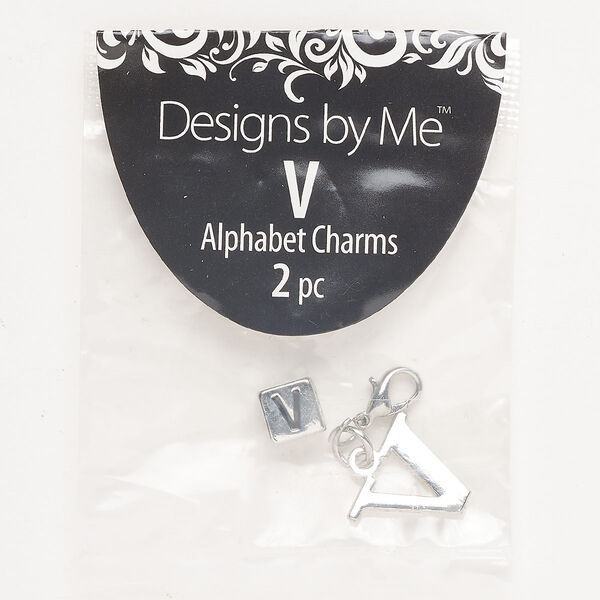 "Pewter" (zinc-based alloy) / brass / enamel 1pkg2, "V" charm / lobster claw clasp / cube bead antique silver-finished / black 15x13mm / 7mm image number 0