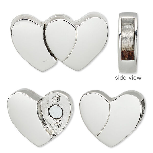 Clasp, magnetic, imitation rhodium-plated "pewter" (zinc-based alloy), 28x17mm double heart with glue-in ends, 12x3.5mm inside diameter. Sold individually. image number 0