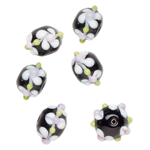Bead, lampworked glass 1pkg6, opaque black / white / green, 20x13mm rondelle with flowers. image number 0