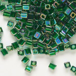 Seed bead, Miyuki, glass, pkg/25g, 3.5-3.7mm square, translucent rainbow medium green (SB-179).