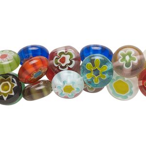 Bead mix, millefiori glass, translucent multicolored, puffed flat round 9-11mm with flower design. Sold per (3) 14-inch strands.