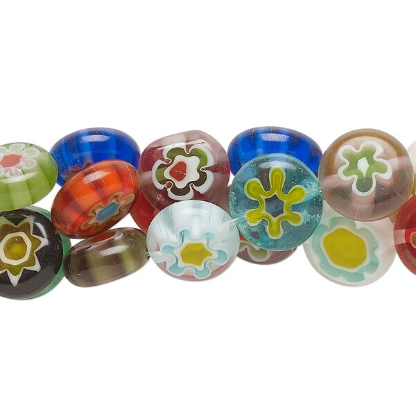 Bead mix, millefiori glass, translucent multicolored, puffed flat round 9-11mm with flower design. Sold per (3) 14-inch strands. image number 0