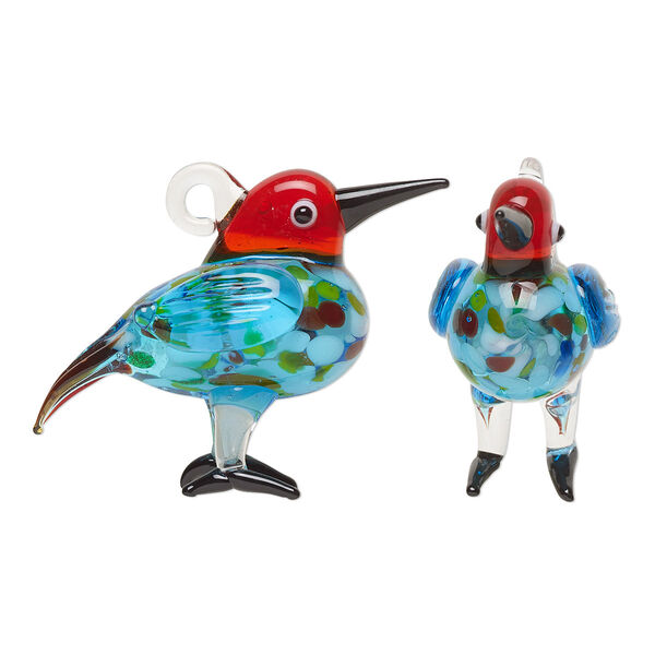 Focal, lampworked glass, translucent multicolored, 45x34mm 3D bird. Sold individually. image number 0