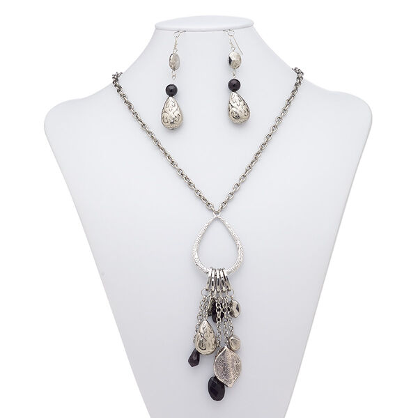 Necklace and earring set, acrylic / antique silver-coated acrylic / antique silver-plated steel / "pewter" (zinc-based alloy), black, teardrop with 5-inch dangle, 29-inch continuous loop necklace, 2-3/4 inch earrings with fishhook ear wire. Sold per set. image number 0