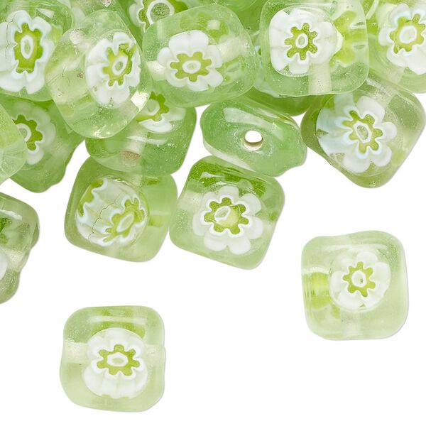Bead, millefiori glass, translucent spring green and white, 11mm puffed square. Sold per pkg of 50 beads. image number 0