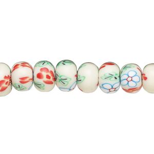 Bead, polymer clay, opaque white and multicolored, 8x6mm rondelle with flower design. Sold per 15-1/2 to 16-inch strand.