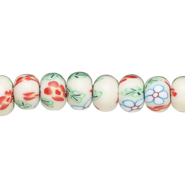 Bead, polymer clay, opaque white and multicolored, 8x6mm rondelle with flower design. Sold per 15-1/2 to 16-inch strand. image number 0