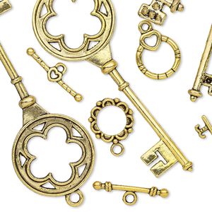 Clasp / charm mix toggle 1pkg10 "pewter" (zinc alloy), 14.5-59x55mm key / heart, antique gold-finished 1-strand