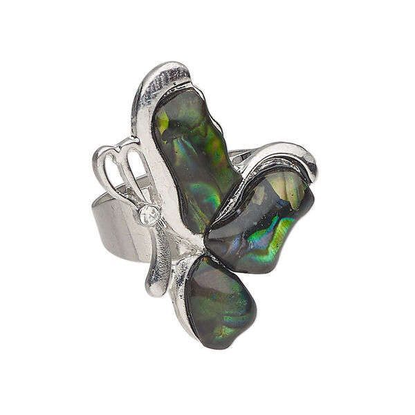 Ring 1pkg1 steel / paua shell / glass rhinestone, 31x22mm butterfly, natural silver finish / clear image number 0