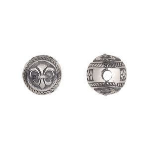 Bead, stainless steel, 11mm round with fleur-de-lis. Sold individually.