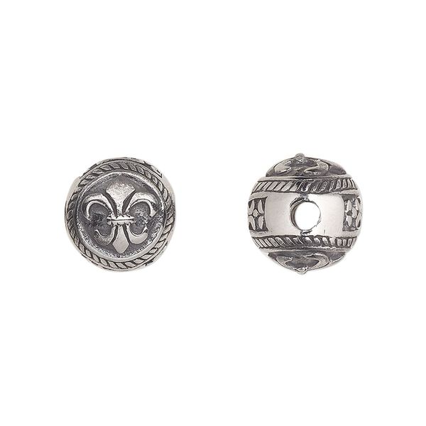 Bead, stainless steel, 11mm round with fleur-de-lis. Sold individually. image number 0