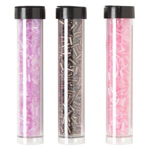 Bugle bead mix, Ming Tree™, glass, translucent and transparent amethyst purple / lilac / rose, 1/4 inch. Sold per pkg of (3) 4 x 3/4 inch vials, approximately 2,100 beads.