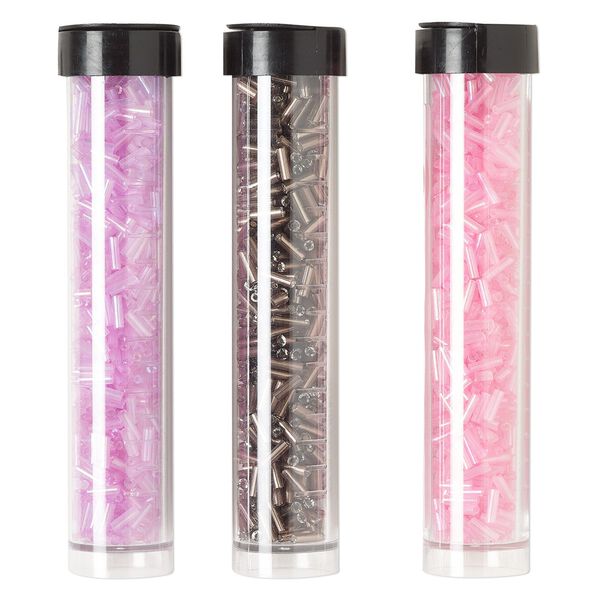 Bugle bead mix, Ming Tree™, glass, translucent and transparent amethyst purple / lilac / rose, 1/4 inch. Sold per pkg of (3) 4 x 3/4 inch vials, approximately 2,100 beads. image number 0
