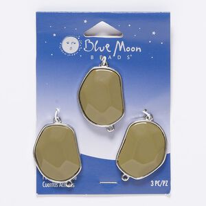 Focal, acrylic and silver-finished "pewter" (zinc-based alloy), pkg/3, khaki, 31x24mm faceted freeform.