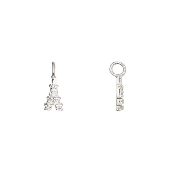 Charm 1pkg1 sterling silver / cubic zirconia 9.5x4.5mm Eiffel Tower perpendicular loop, clear image number 0