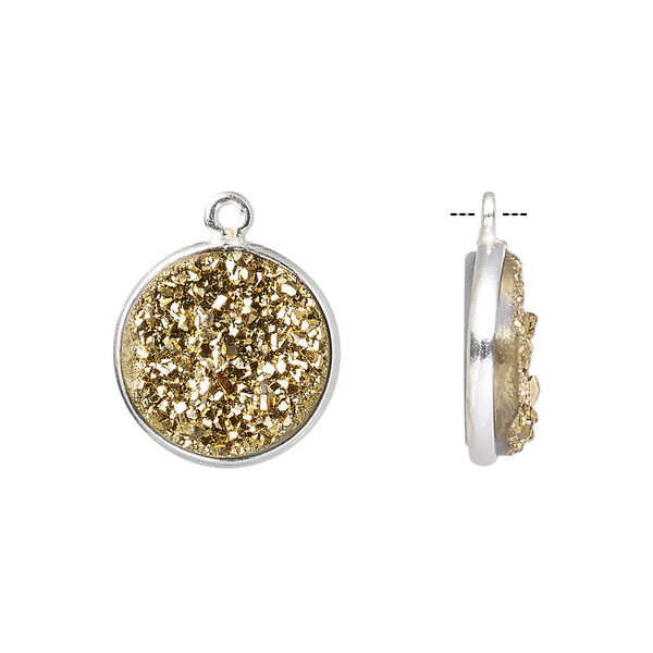 Drop, titanium- / electro-coated druzy agate (coated) / sterling silver, gold, 15mm hand-cut single-sided flat round. Sold individually. image number 0