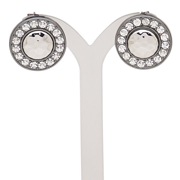 Earring, glass rhinestone / stainless steel / gunmetal- / imitation rhodium-finished brass / "pewter" (zinc-based alloy), clear, 20mm with round and post. Sold per pair. image number 0
