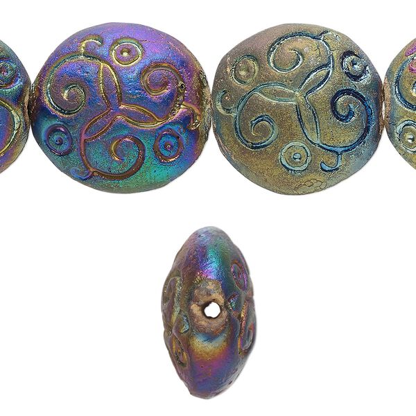 Bead, pressed clay, rainbow, 17-18mm handmade puffed round. Sold per 16-inch strand, approximately 20 beads. image number 0