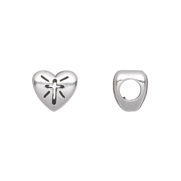 Bead, antique silver-plated pewter (tin-based alloy), 11x10mm double-sided heart with cross cutout design. Sold individually. image number 0