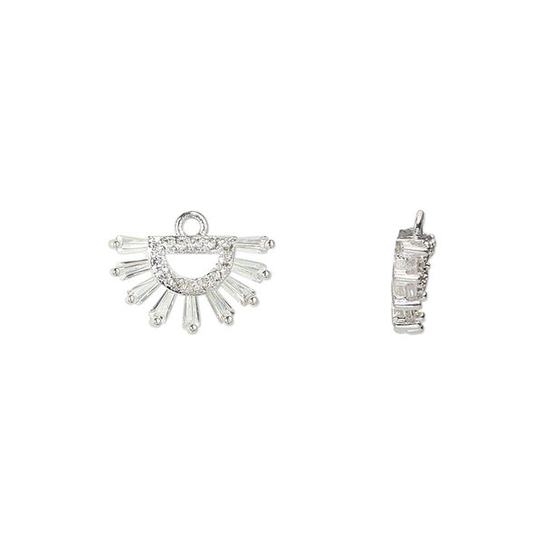 Drop, glass rhinestone and silver-finished brass, clear, 13.5x8mm single-sided open fan. Sold individually. image number 0