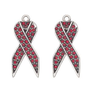 Charm, antique silver-finished "pewter" (zinc-based alloy) and glass, red, 27x13mm single-sided awareness ribbon. Sold per pkg of 2.