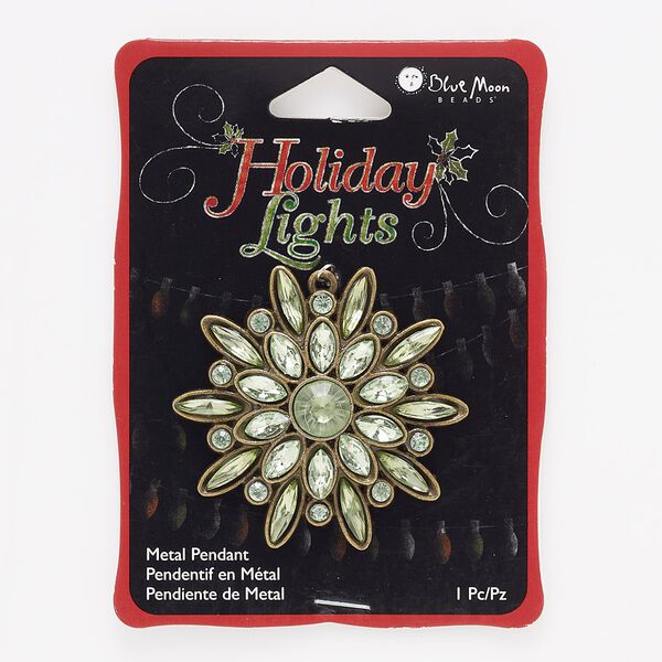 Focal, antique gold-finished "pewter" (zinc-based alloy) and glass, green, 48x45mm flower. Sold individually. image number 0