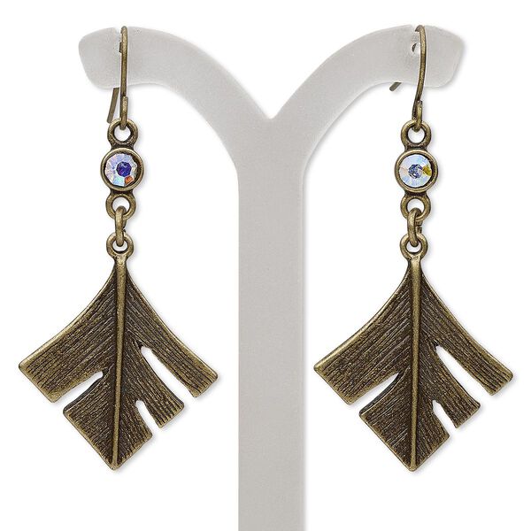 Earring, glass rhinestone with antique brass-finished brass and "pewter" (zinc-based alloy), clear AB, 2 inches with diamond feather and fishhook ear wire. Sold per pair. image number 0