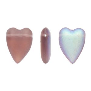 Bead, Czech pressed glass, frost purple AB, 18x13mm heart, top-drilled. Sold per 15" to 16" strand.