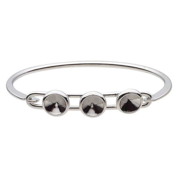 Bracelet, Almost Instant Jewelry®, bangle, imitation rhodium-finished brass, 11mm wide with (3) SS39 rivoli glue-in settings and latch bar, 7 inches. Sold individually. image number 0