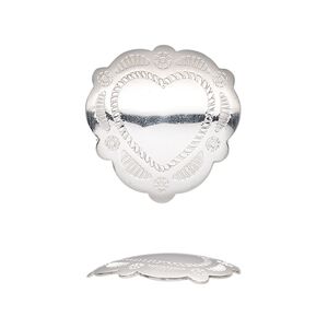 Component, sterling silver, 21mm single-sided fancy heart Concho. Sold individually.