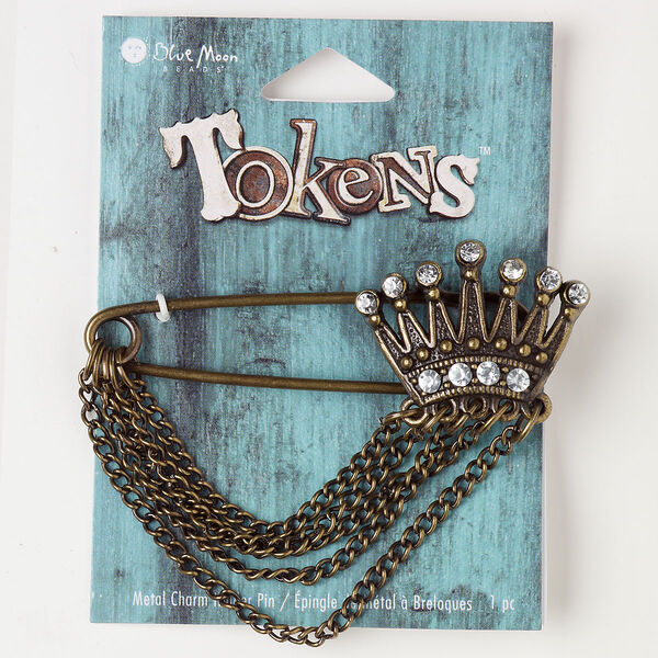 Brooch, antique brass-finished "pewter" (zinc-based alloy) and steel, 3x1-inch crown. Sold individually. image number 0