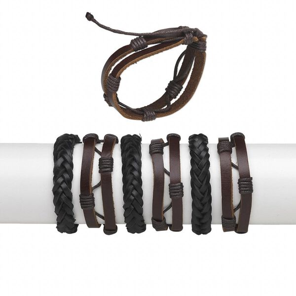Bracelet, leather (dyed), black and brown, 12-16mm wide, adjustable from 7-9 inches with knot closure. Sold per pkg of 6. image number 0