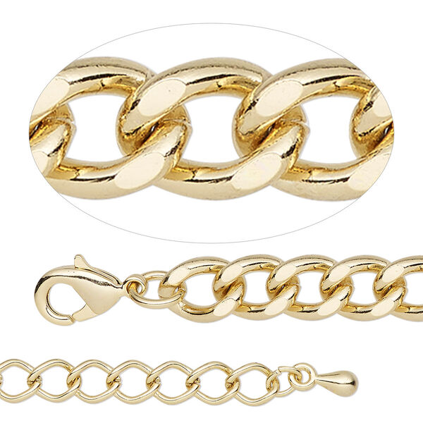Chain, gold-finished steel and brass, 6.8mm curb, 18 inches with 2-inch extender chain and lobster claw clasp. Sold individually. image number 0