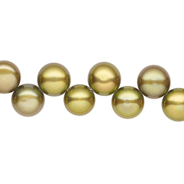 Pearl, cultured freshwater (dyed), olive green, 8-9mm top-drilled flat-sided round with 0.4-0.5mm hole, B- grade, Mohs hardness 2-1/2 to 4. Sold per 14-inch strand. image number 0