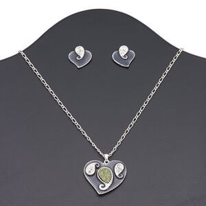 Necklace and earring set, druzy (imitation) / enamel / Czech glass rhinestone / silver-plated brass / "pewter" (zinc-based alloy), dark blue / clear / rainbow, 34x30mm heart, 16 inches with 3-inch extender chain and lobster claw clasp, 20x19mm heart with post. Sold per set.