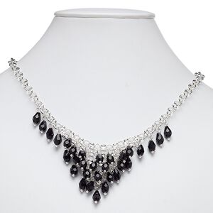 Necklace, glass with silver-plated steel and "pewter" (zinc-based alloy), black, 18 inches with 2-inch extender chain and lobster claw clasp. Sold individually.