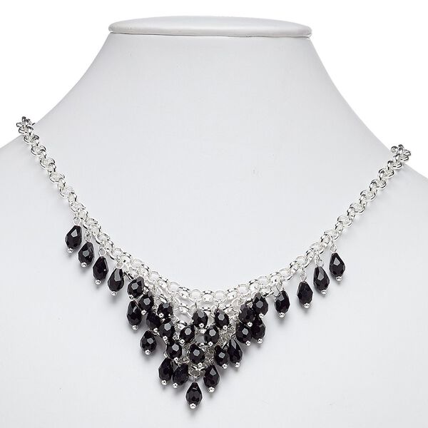 Necklace, glass with silver-plated steel and "pewter" (zinc-based alloy), black, 18 inches with 2-inch extender chain and lobster claw clasp. Sold individually. image number 0