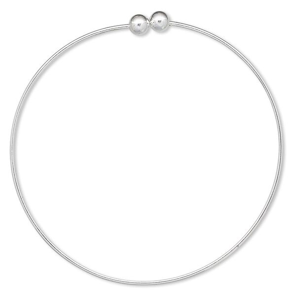 Bracelet, bangle, silver-plated brass, 1.5mm wide round with (2) 6mm twist-off bead ends, 9 inches. Sold per pkg of 10. image number 0