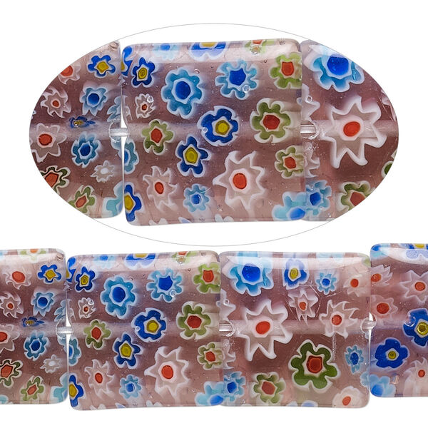 Bead, millefiori glass, transparent multicolored, 15-16mm puffed square with 0.6-0.8mm hole. Sold per 15-inch strand. image number 0