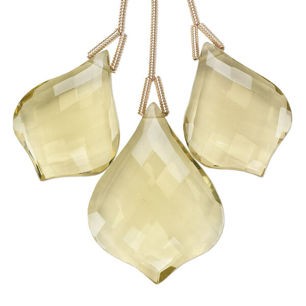 Bead, lemon quartz (heated), (1) 28x22mm and (2) 24x18mm hand-cut top-drilled faceted fancy teardrop, B+ grade, Mohs hardness 7. Sold per pkg of 3 beads. image number 0
