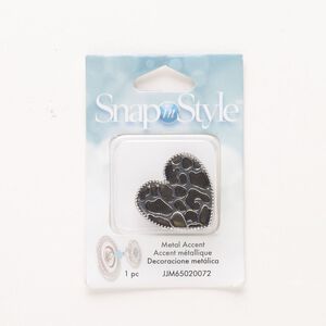Snap-on embellishment, steel, pkg/1, 24x23mm heart, silver finish and antique silver finish.