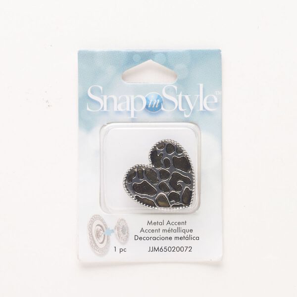 Snap-on embellishment, steel, pkg/1, 24x23mm heart, silver finish and antique silver finish. image number 0