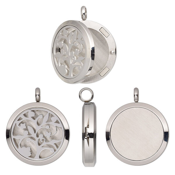 Pendant, stainless steel, 37x30mm single-sided hinged round locket with cutout fancy tree and magnetic closure. Sold individually. image number 0