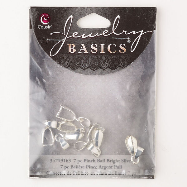 Bail, ice-pick, brass, pkg/7, silver finish, 11x5mm with shield, 8.6mm grip length. image number 0
